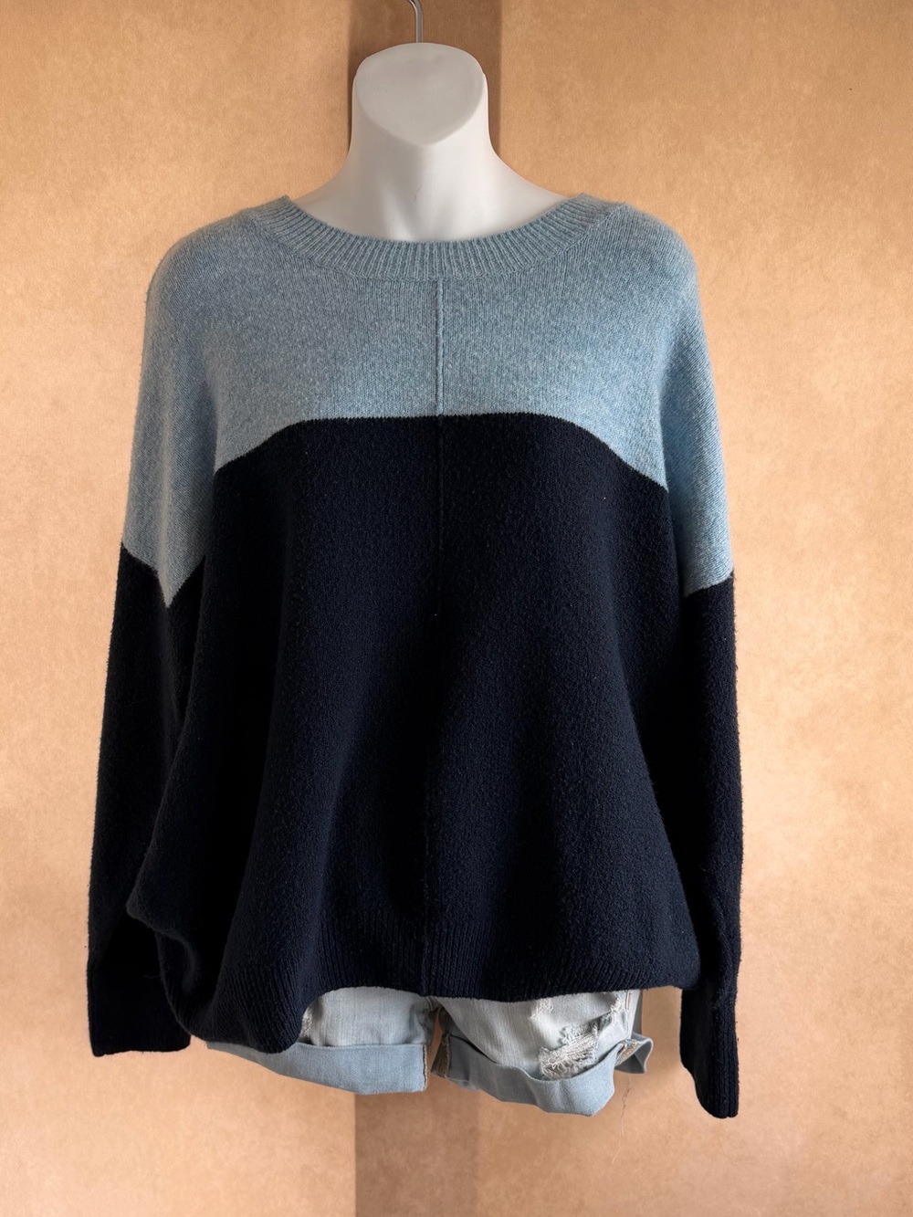 Vince Camuto Two-Tone Crewneck Sweater in Light Blue and Navy